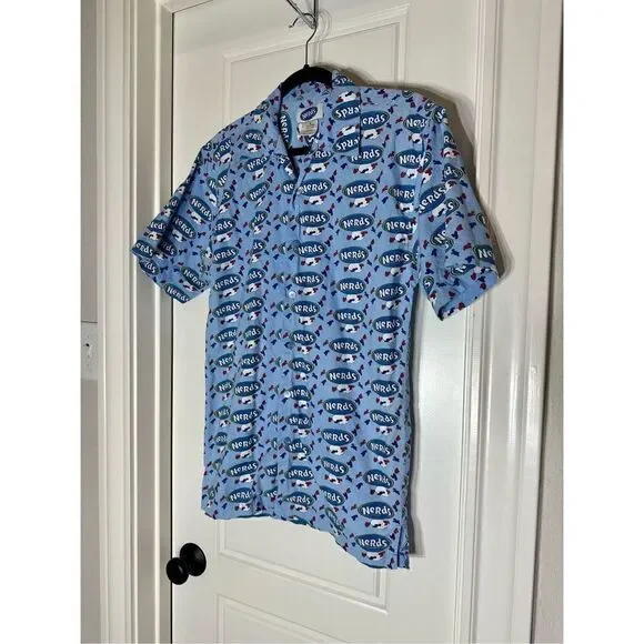 Nerds blue men’s cotton short sleeve funky button down shirt size S - Picture 2 of 6